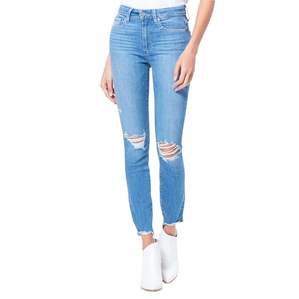 PAIGE Hoxton Ankle Skinny Jeans Glacial Destructed Eroded Hem Stretchy - Sz 23